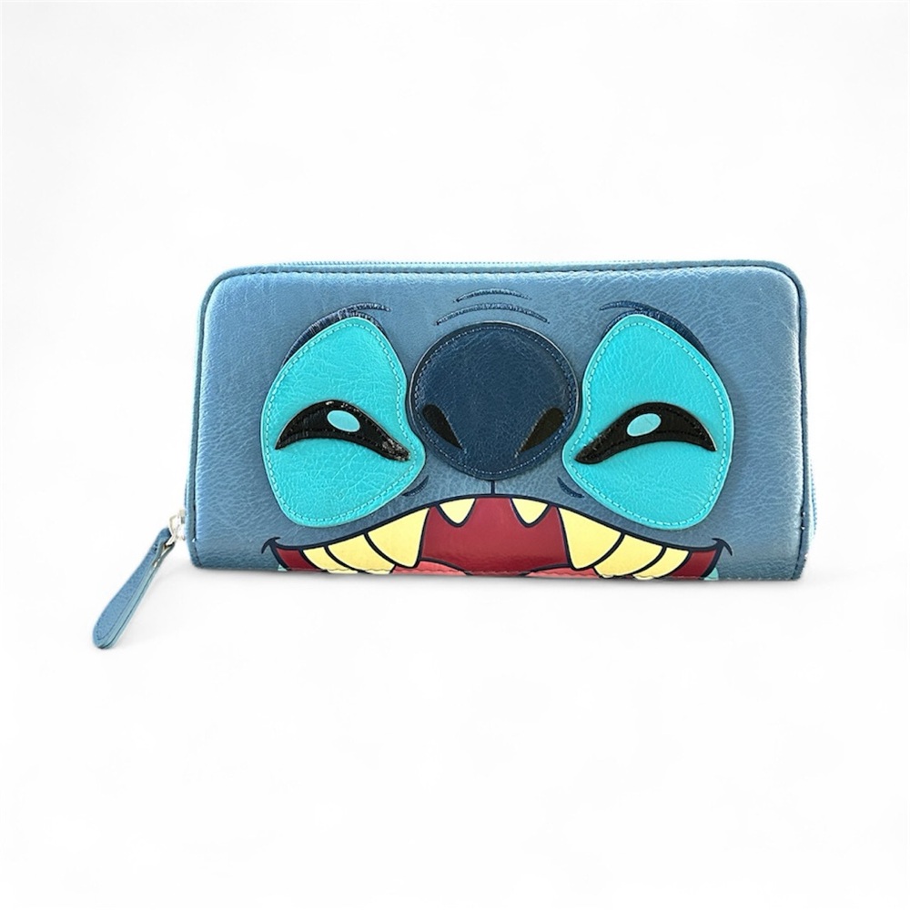 Disney Parks Loungefly Stitch Blue Multi Face Laughing Smiling Wallet Zip Around